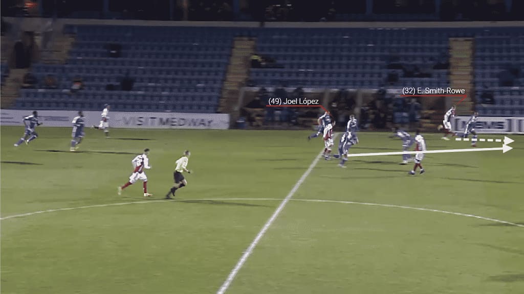 Lopez sports the run of Emile Smith Rowe and plays the ball between the defenders for the England youth International to run on to.