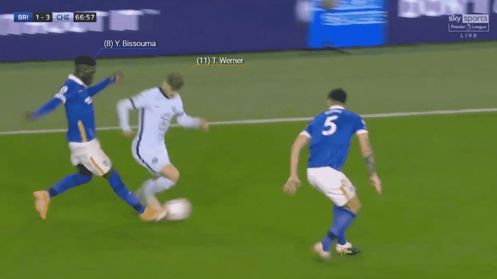 The midfielder catches Werner and makes an effective tackle, taking the ball from the German safely moving it into the possession of a teammate.