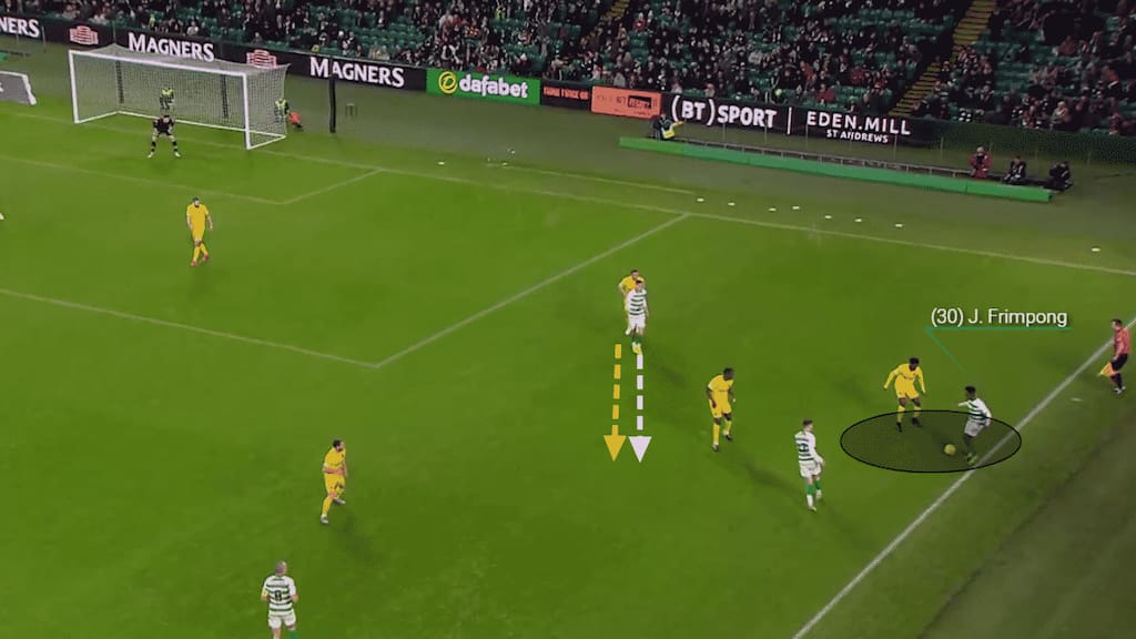 Jeremie Frimpong holds the ball up with small fake movements, waiting for his teammate to drag the opposition defender away from the space in behind.