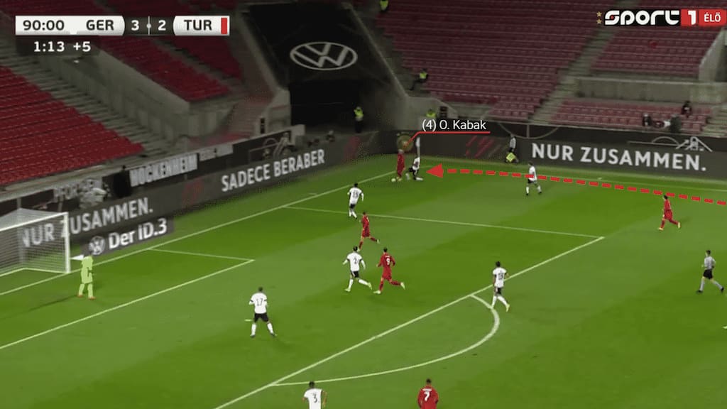 Kabak earns the Turkish side a corner in the dying minutes of the match against Germany.