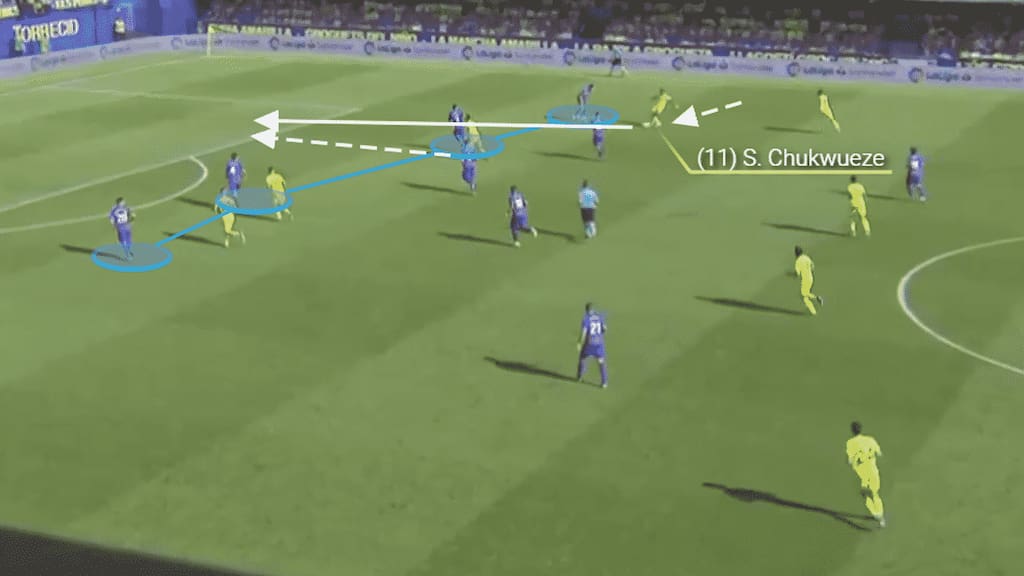 Playing from the right, Samuel Chukwueze spots the run of Gerard Moreno early and plays a low incisive ball to find the Spaniard.